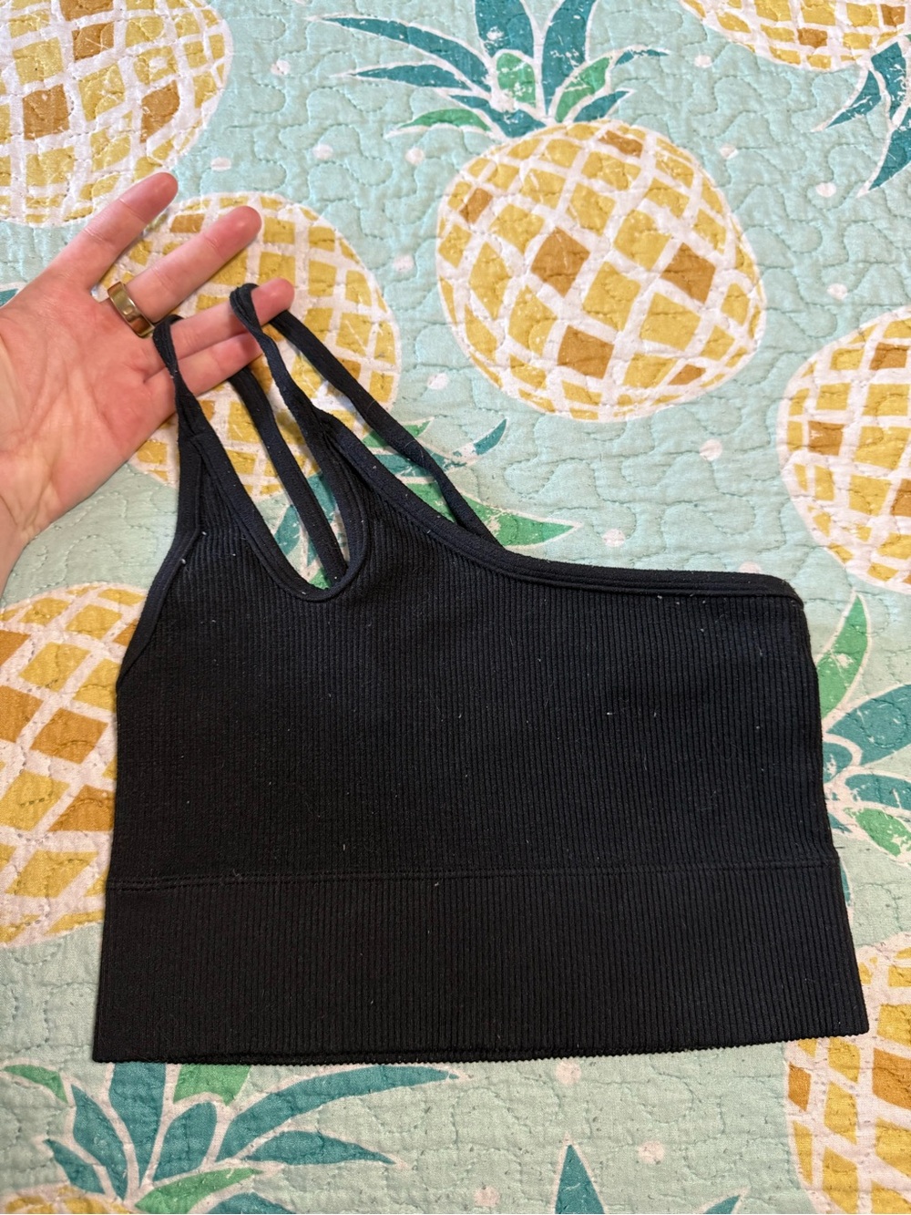Gilly Hicks Black Ribbed Double-Strap One Shoulder Bralette